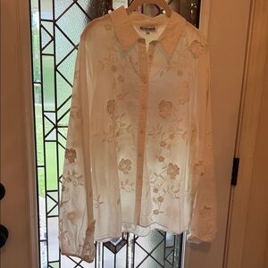 Walter Baker White Sheer Floral-Embroidered Button Blouse